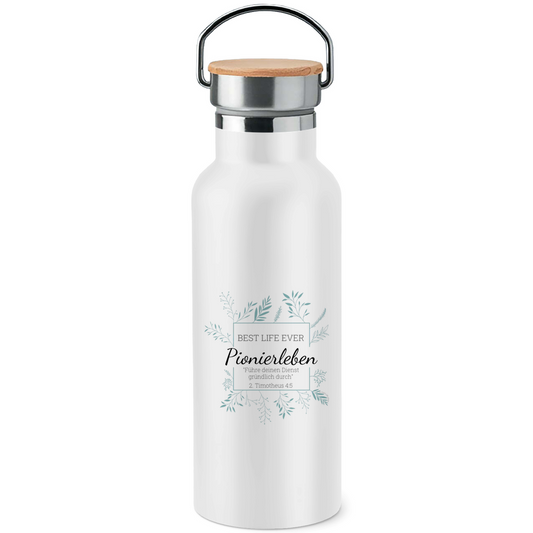 Pionierleben - Best Life Ever - JW Edelstahl-Trinkflasche mit Bambusdeckel - Personalisierbar