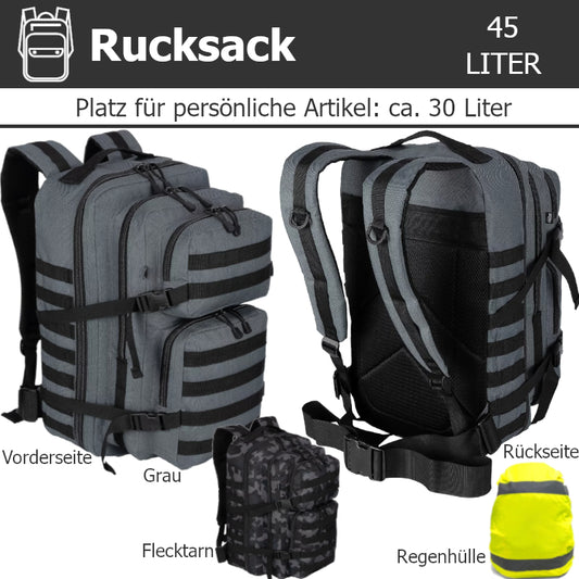 Fluchtrucksack KOMPLETT-45 ein Notfallrucksack für 1-Person