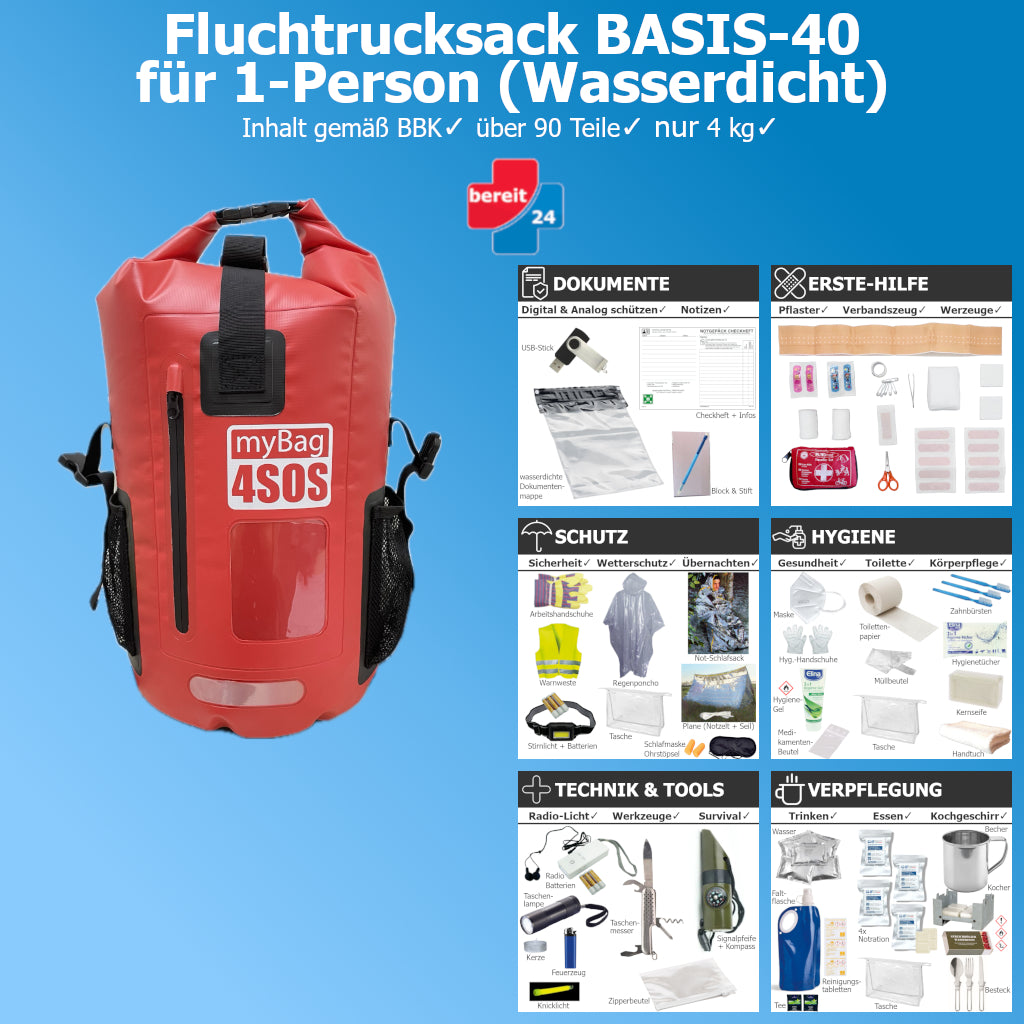 Fluchtrucksack BASIS-40 wasserdichter Notfallrucksack für 1-Person