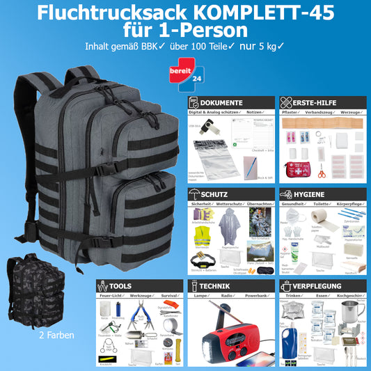 Fluchtrucksack KOMPLETT-45 ein Notfallrucksack für 1-Person