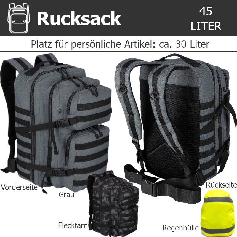 Fluchtrucksack KOMPLETT-45 ein Notfallrucksack für 1-Person