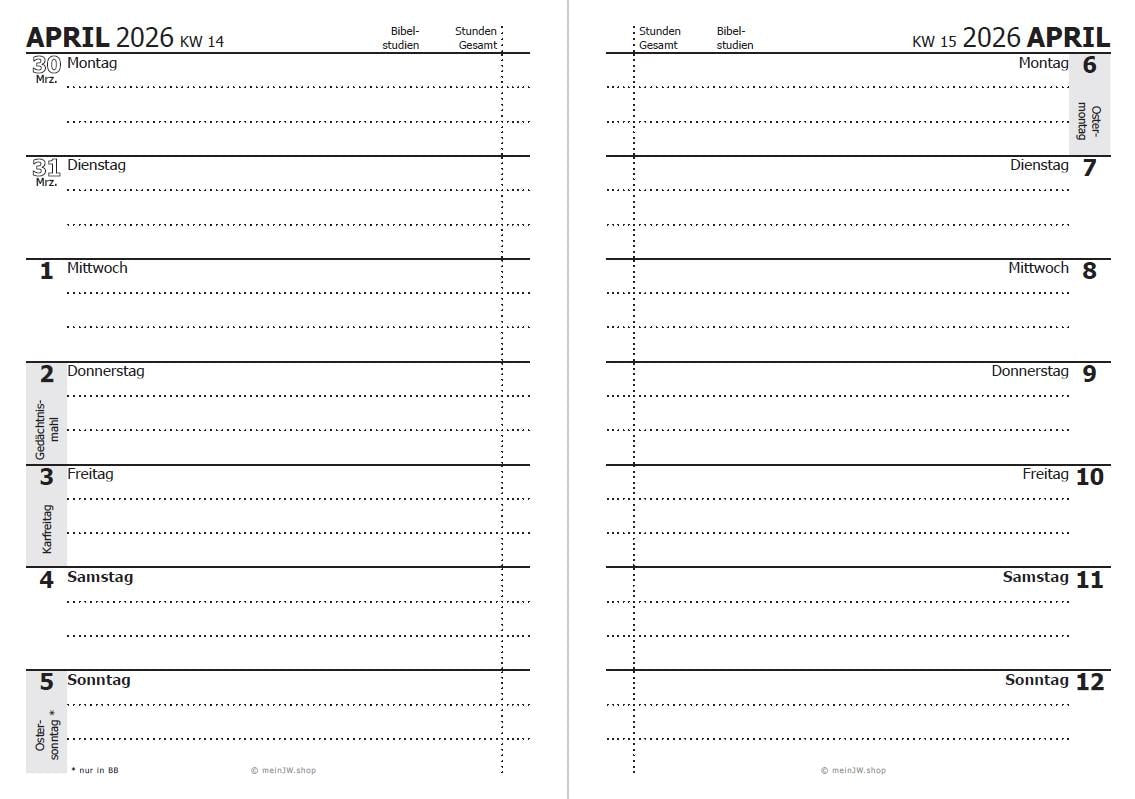 JW Taschen-Kalender für Dienstjahr 2025-2026