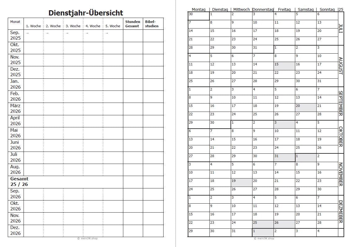 JW Taschen-Kalender für Dienstjahr 2025-2026
