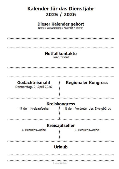JW Taschen-Kalender für Dienstjahr 2025-2026